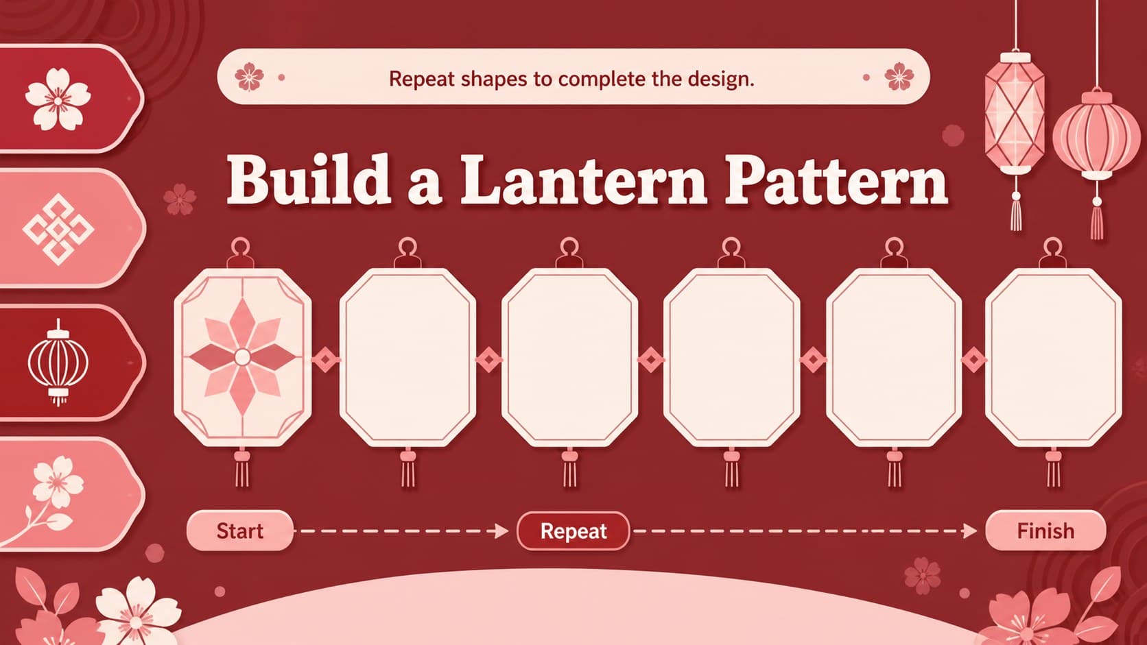 Pattern-building activity page showing decorative lantern motifs for an editable lantern worksheet.