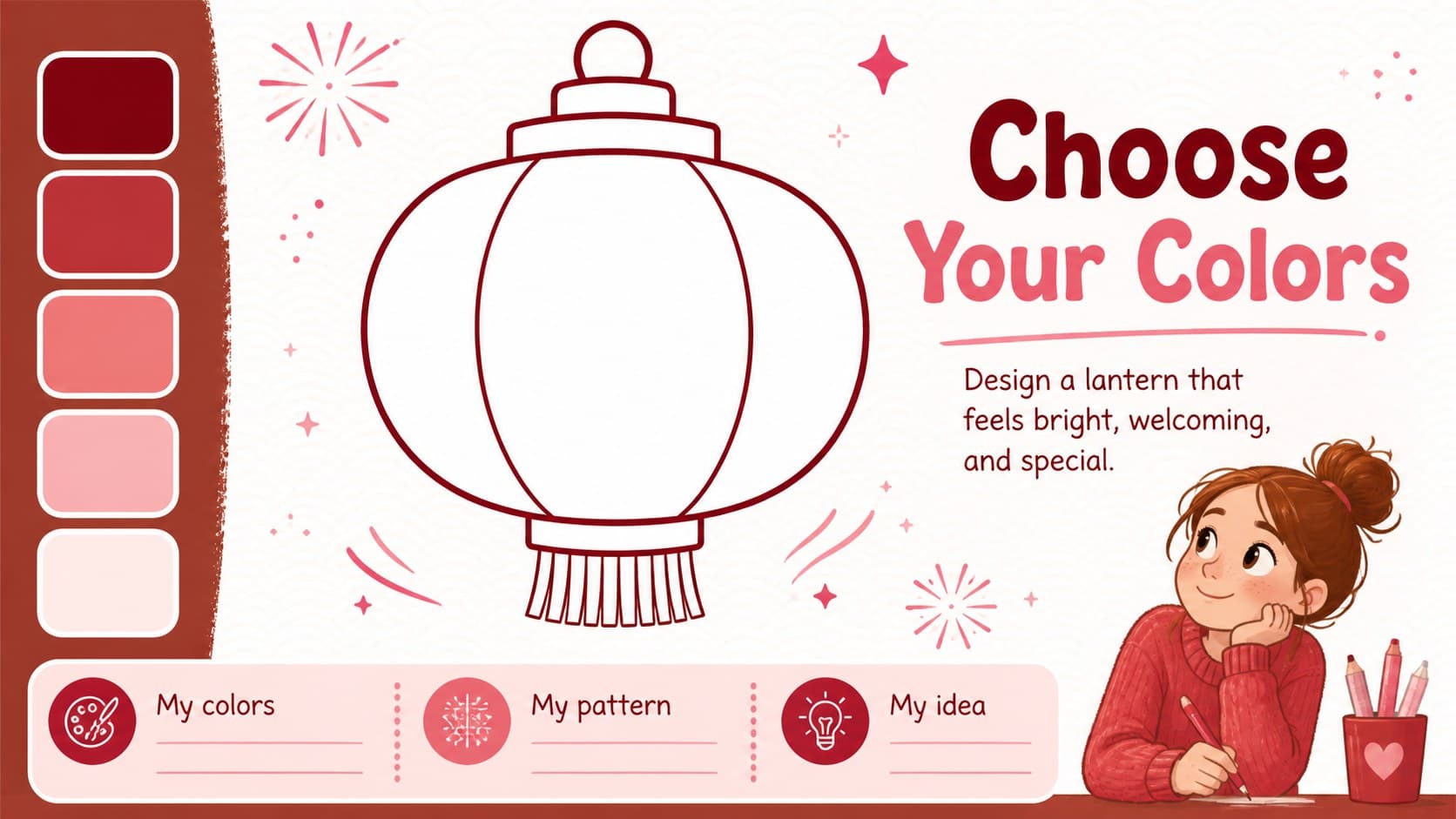 Color selection worksheet inviting students to design a pink and red festival lantern.