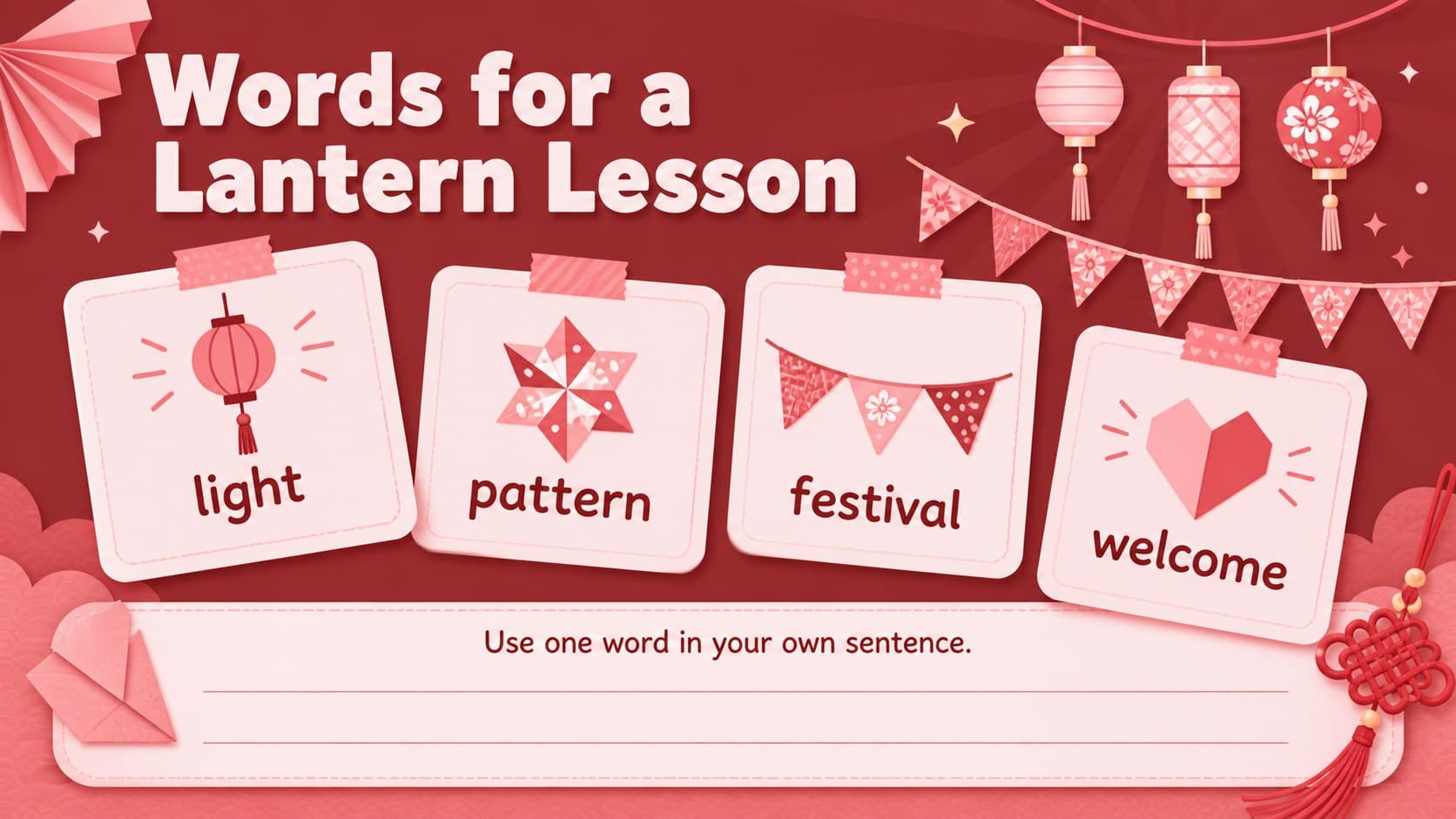 Japanese culture vocabulary page with lantern-related words and writing spaces for students.