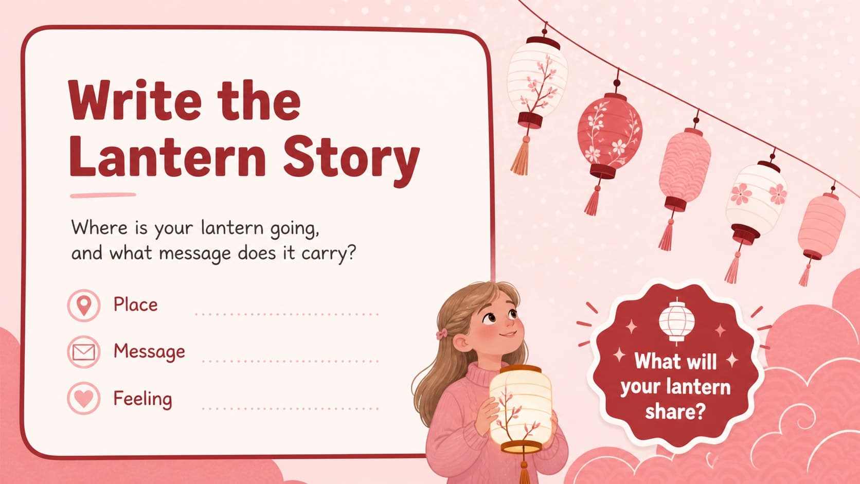 Creative writing prompt page about a glowing lantern for a printable cultural worksheet set.