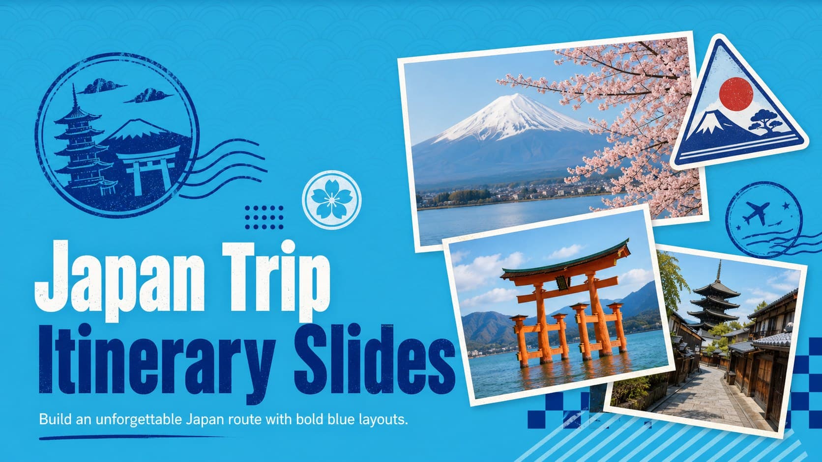 Cover for Japan Trip Itinerary Slides with bold blue retro graphics and Japanese destination imagery.