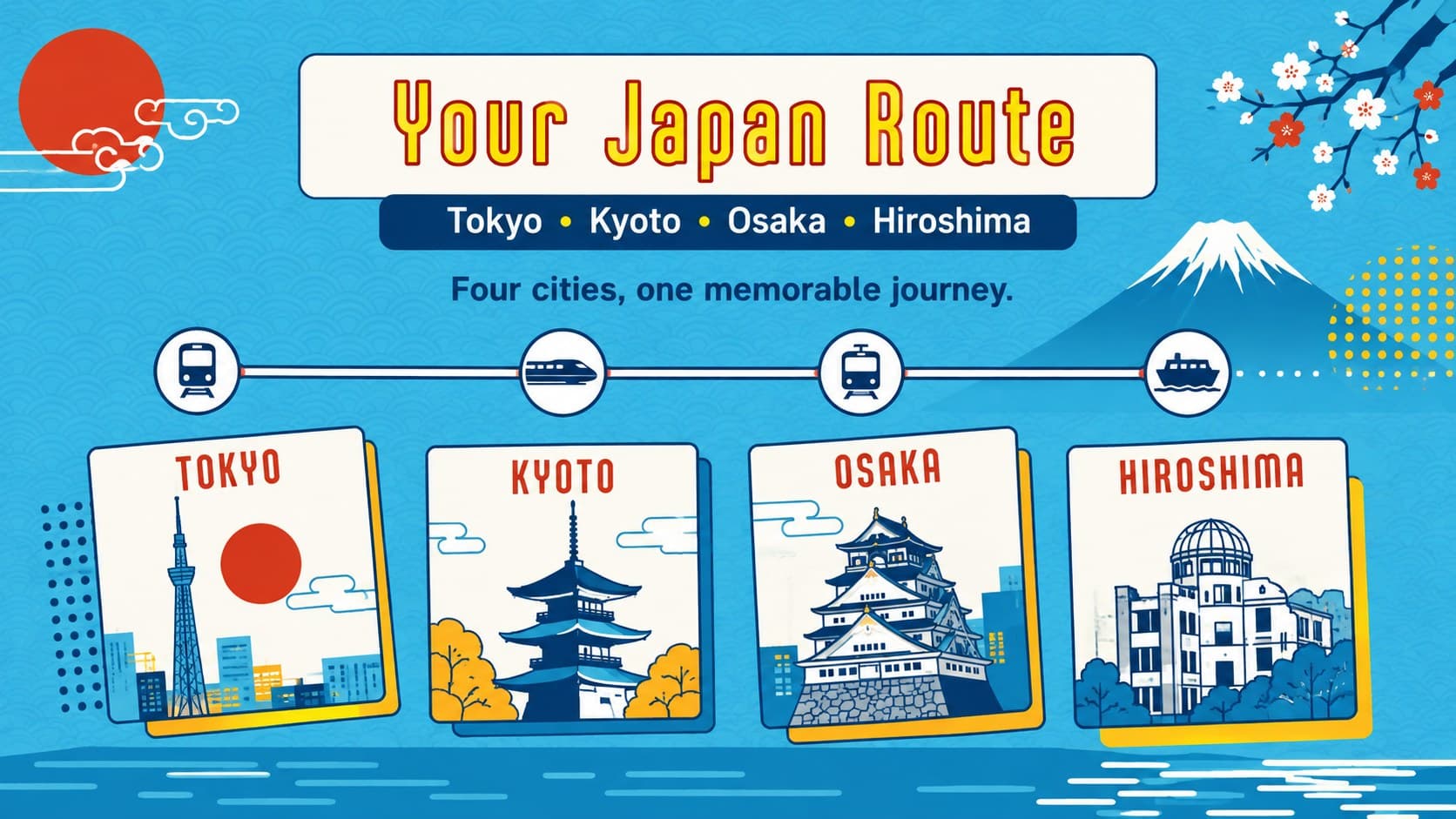 Japan itinerary overview slide presenting Tokyo, Kyoto, Osaka, and Hiroshima in a blue retro layout.