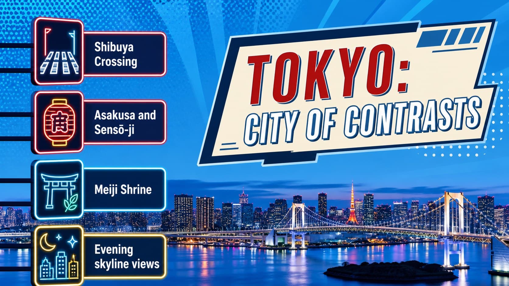 Tokyo city itinerary slide highlighting Shibuya, Asakusa, Meiji Shrine, and skyline views.