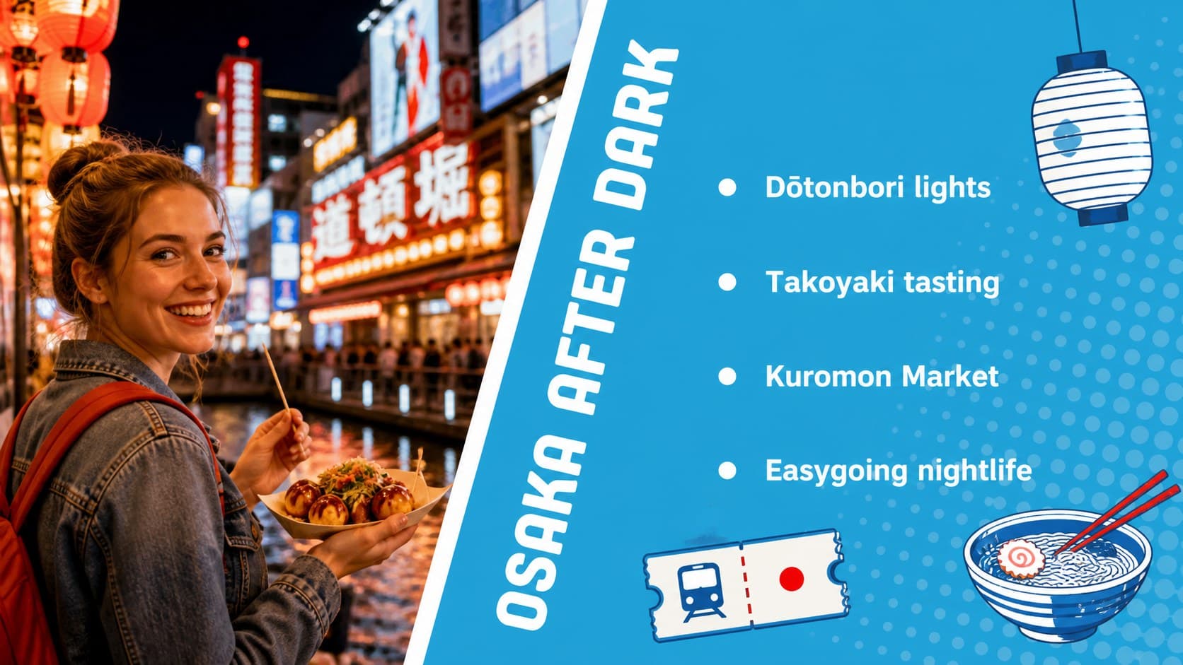 Osaka food and nightlife slide for a Japan tourism presentation with bold blue retro styling.