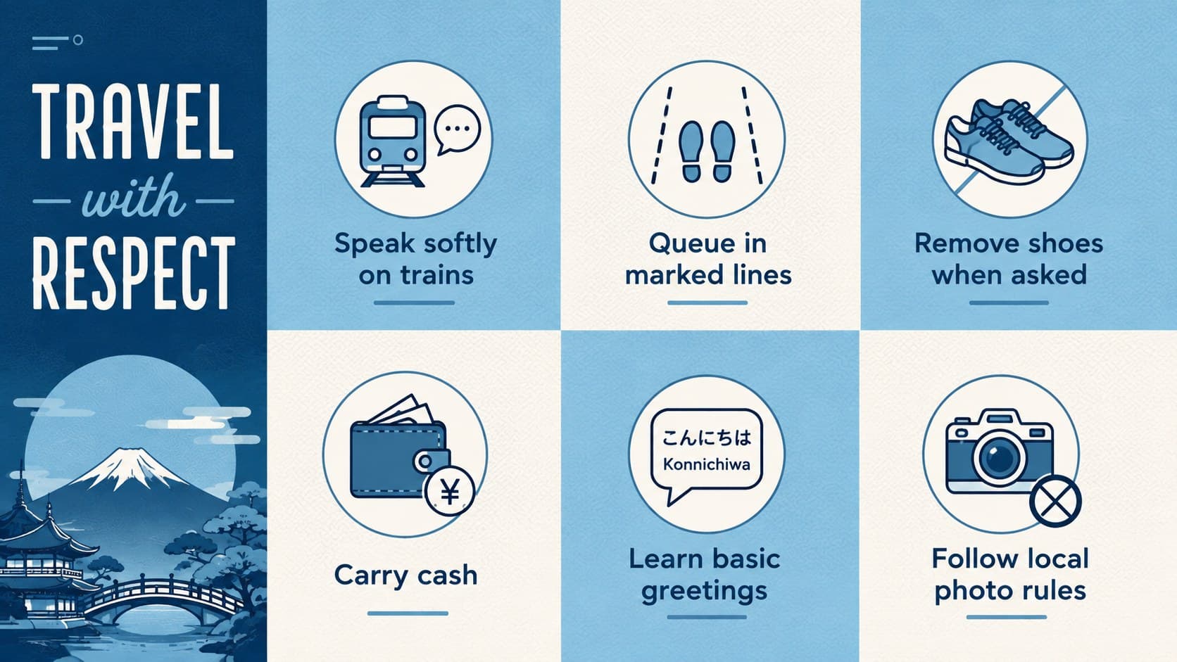 Japanese culture and food presentation slide showing etiquette tips for respectful travel.