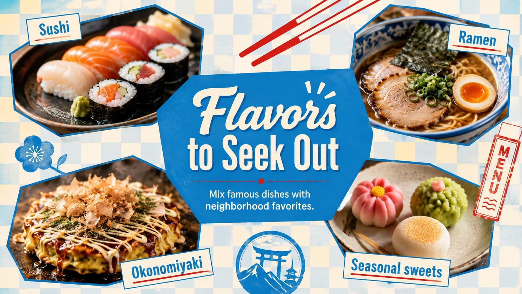 Japanese cuisine guide slide presenting sushi, ramen, okonomiyaki, and seasonal sweets.