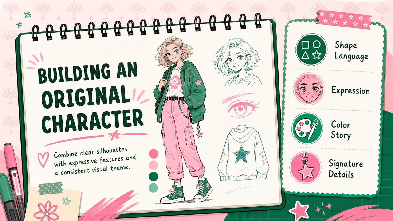 Anime character design lesson slide showing original student sketches, design principles, and pink and green classroom graphics.