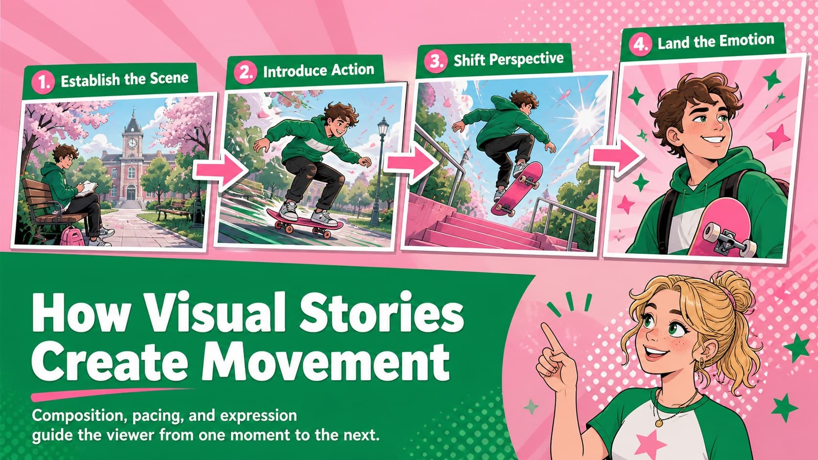 Visual storytelling presentation for students featuring a four-step scene sequence in a colorful anime-inspired art lesson layout.