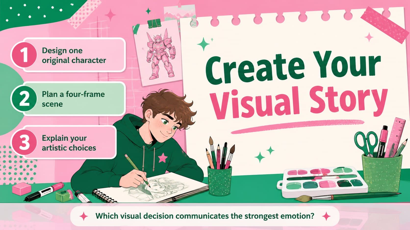 Student anime project presentation slide with a creative assignment checklist and original pink and green character illustrations.