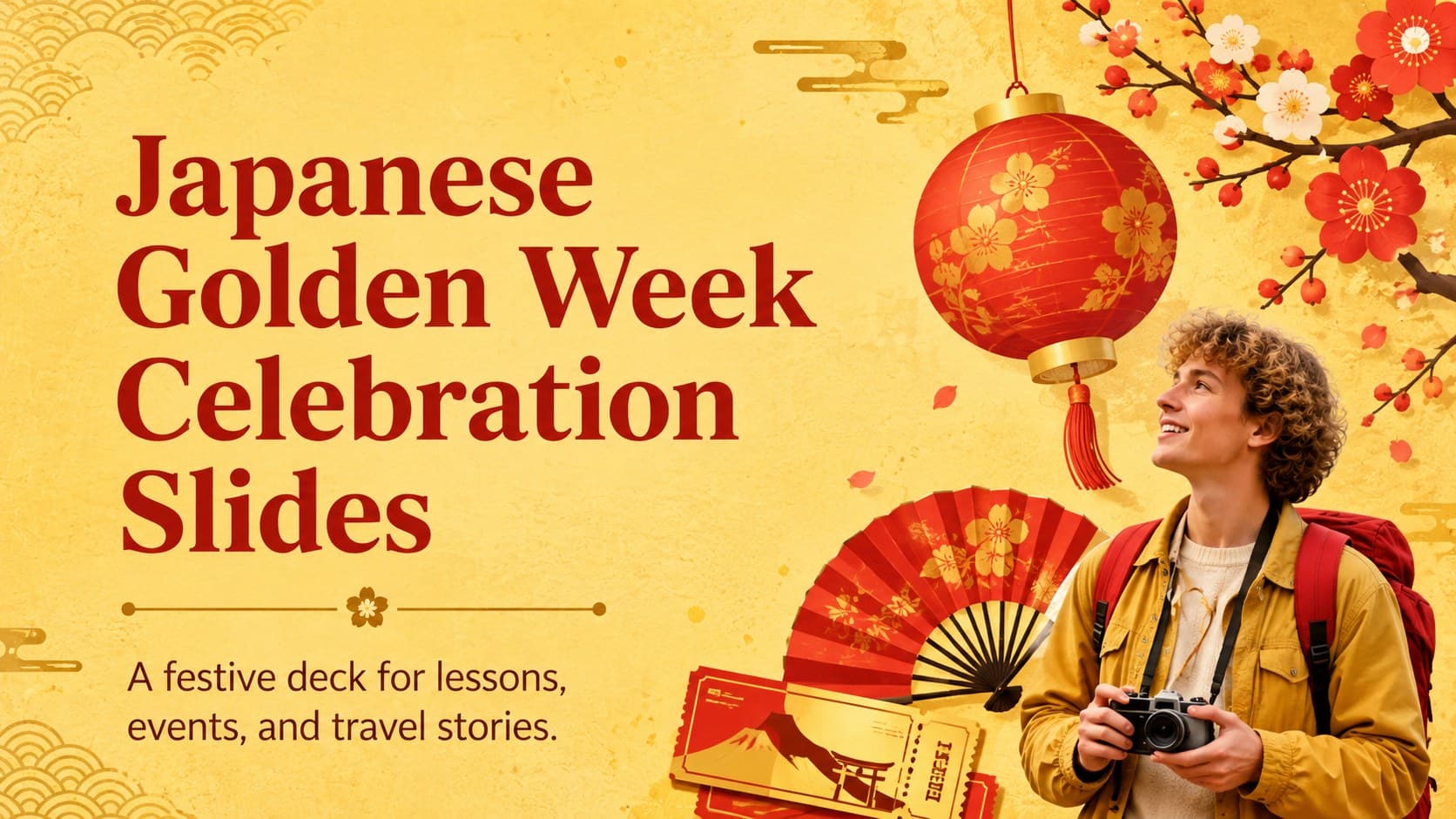 Cover for Japanese Golden Week celebration slides with festive gold, yellow, and red spring illustrations.