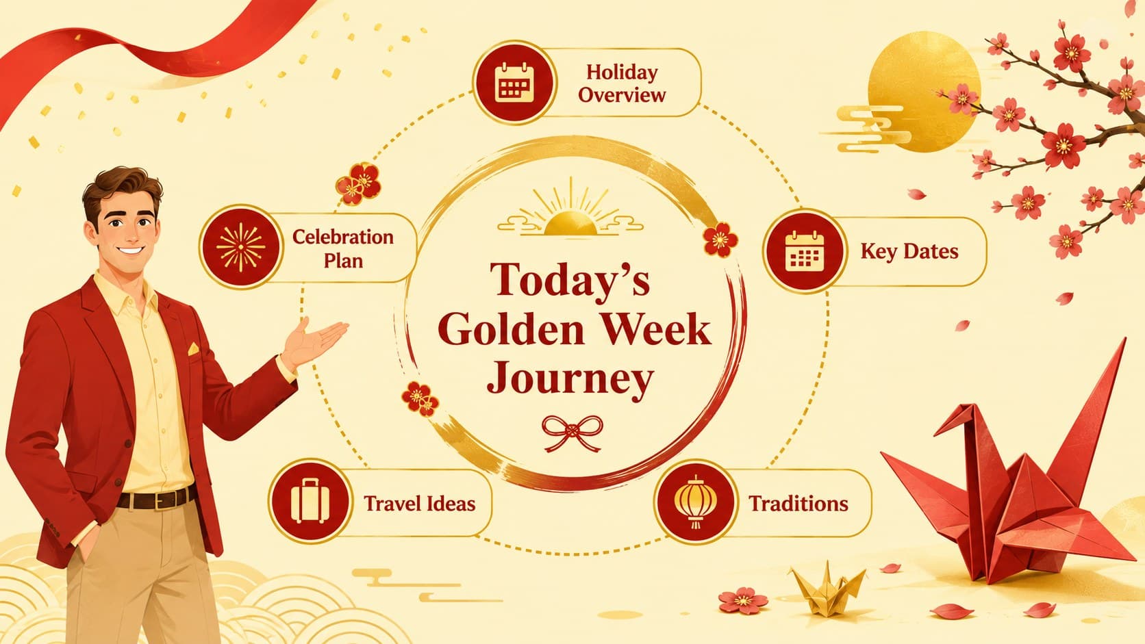 Golden Week presentation template agenda with five sections arranged around festive Japanese spring motifs.