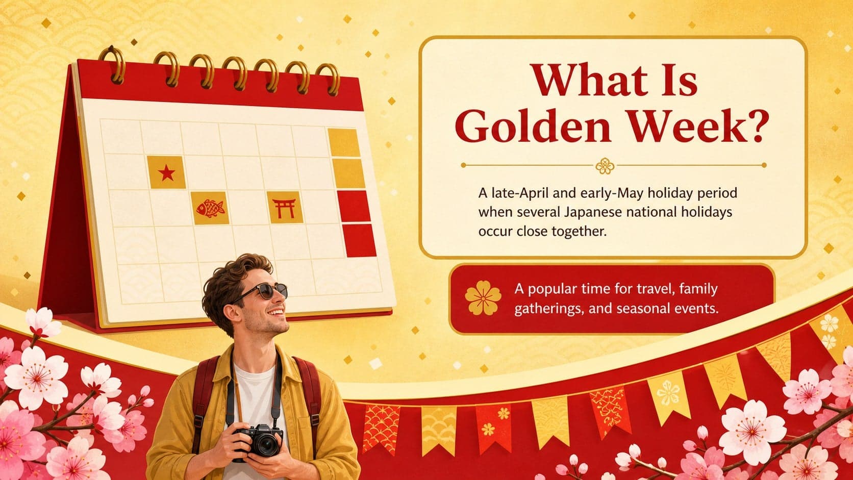 Japanese culture holiday slideshow introducing Golden Week with a concise definition and illustrated calendar.