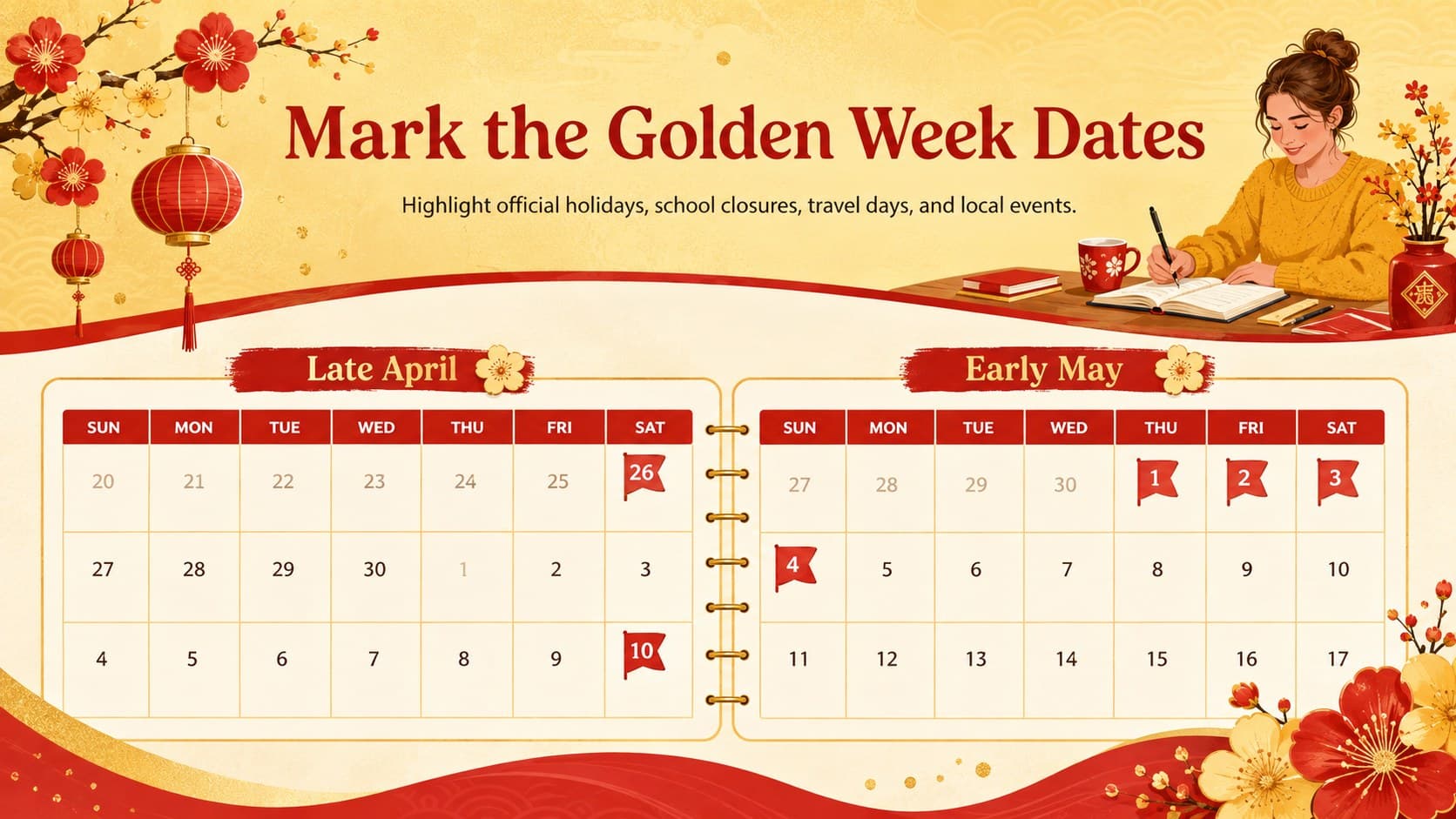 Illustrated Golden Week calendar slide highlighting important dates in late April and early May.