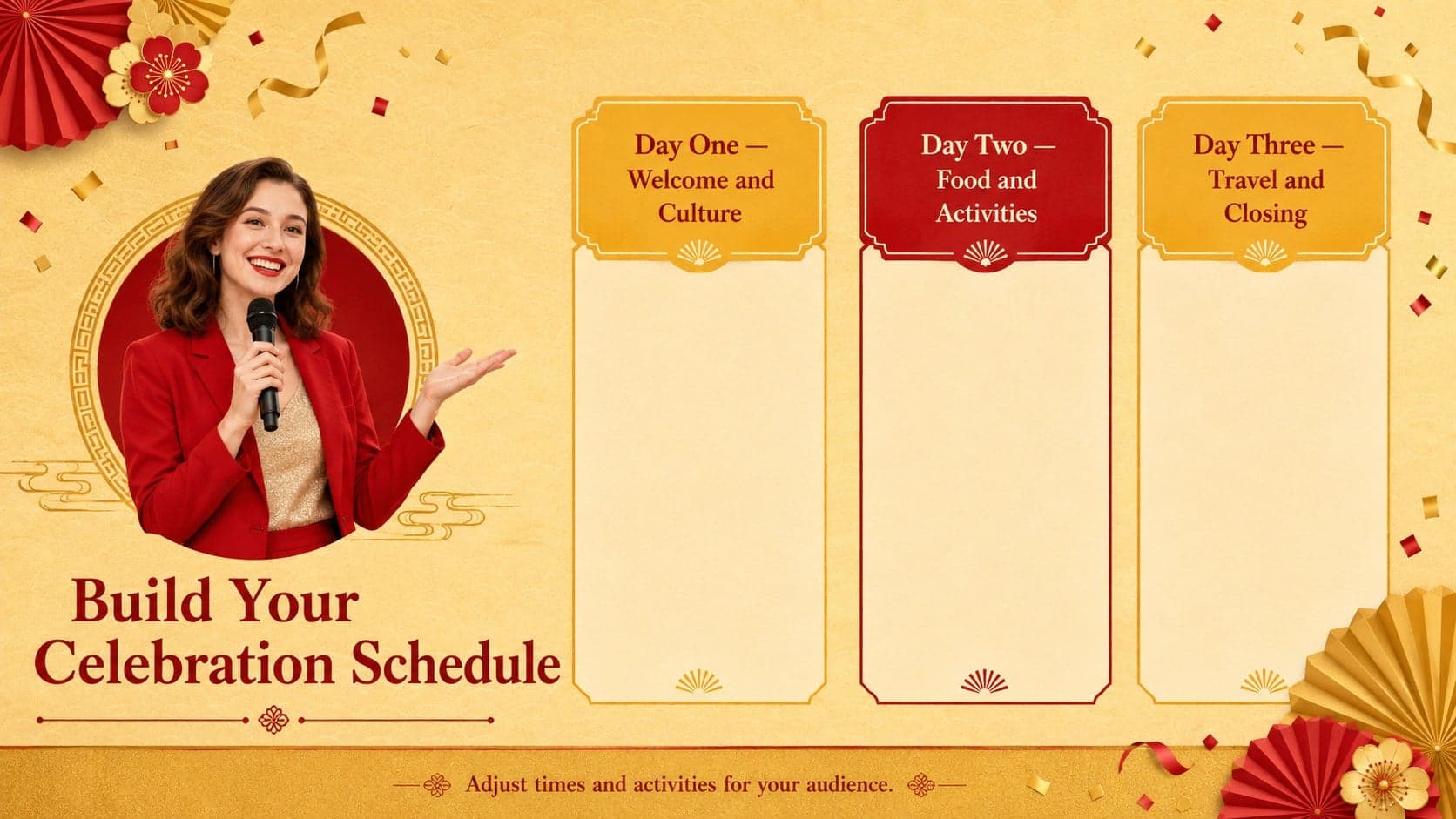 Golden Week event planning deck slide with a three-day festival activity schedule.