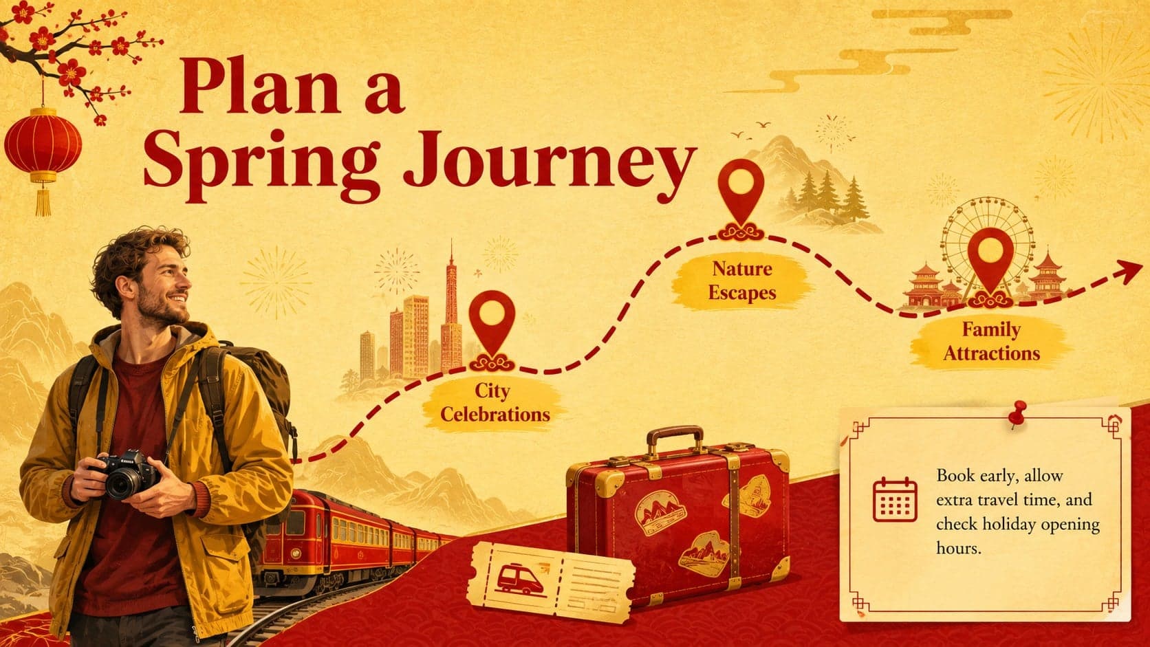 Japan spring travel itinerary slide with illustrated destination markers and practical planning notes.