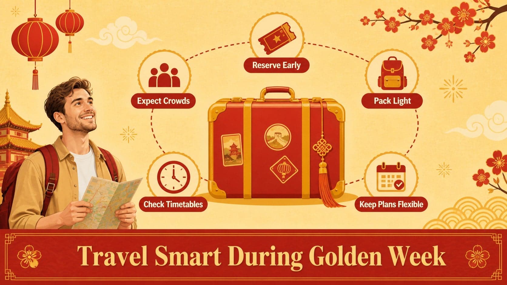 Gold and red festival presentation slide offering Golden Week travel preparation tips.