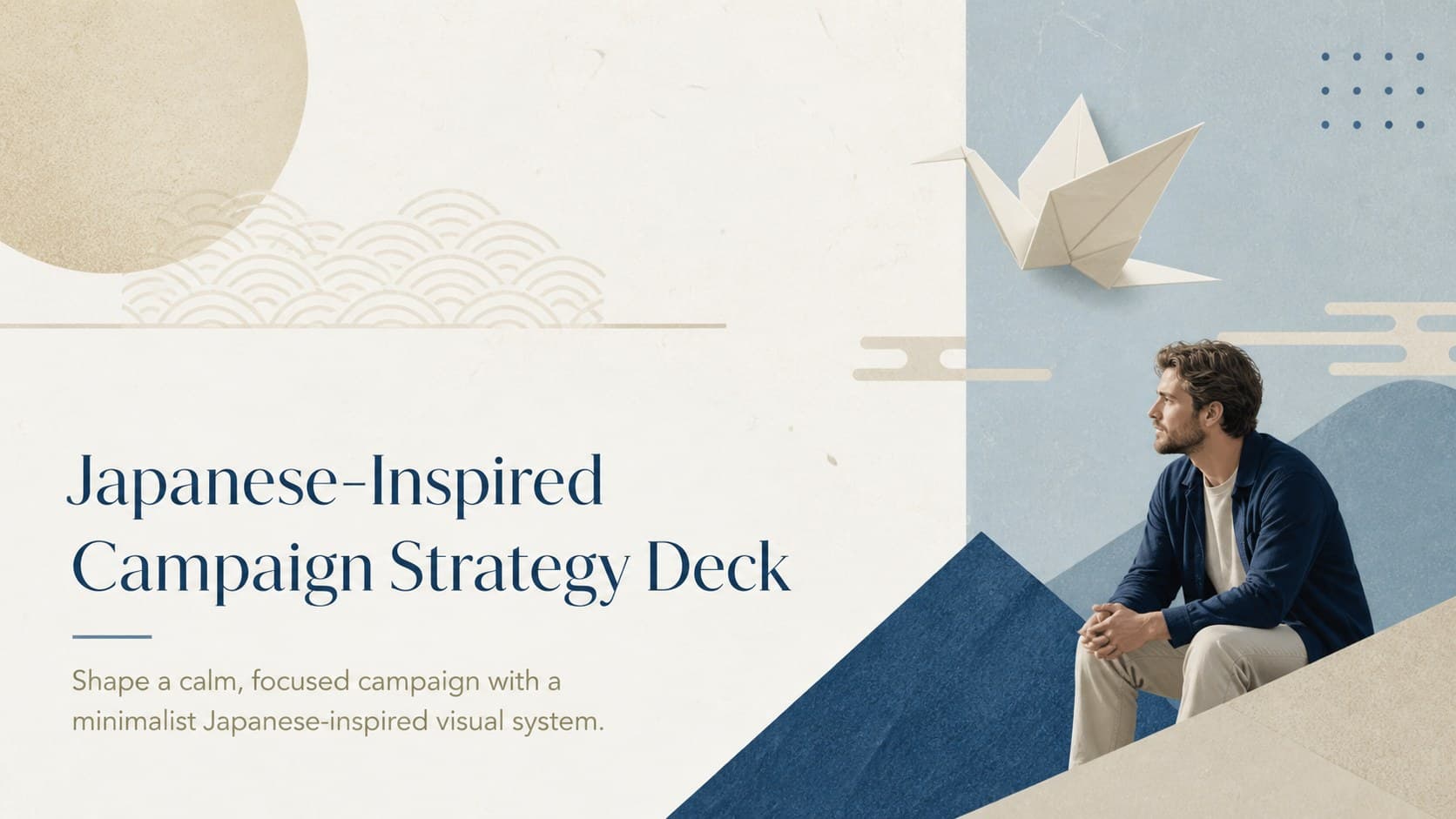 Cover of a Japanese-inspired campaign strategy deck with minimalist beige, white and blue styling.
