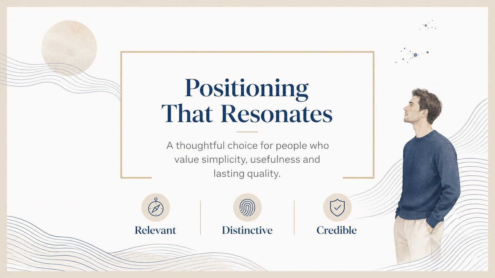 Japanese-inspired brand strategy slide featuring a concise positioning statement and three supporting pillars.