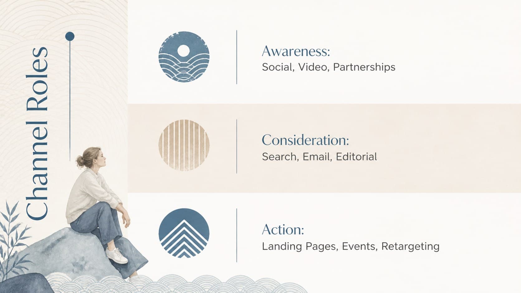 Multichannel campaign planning slide mapping awareness, consideration and conversion channels.