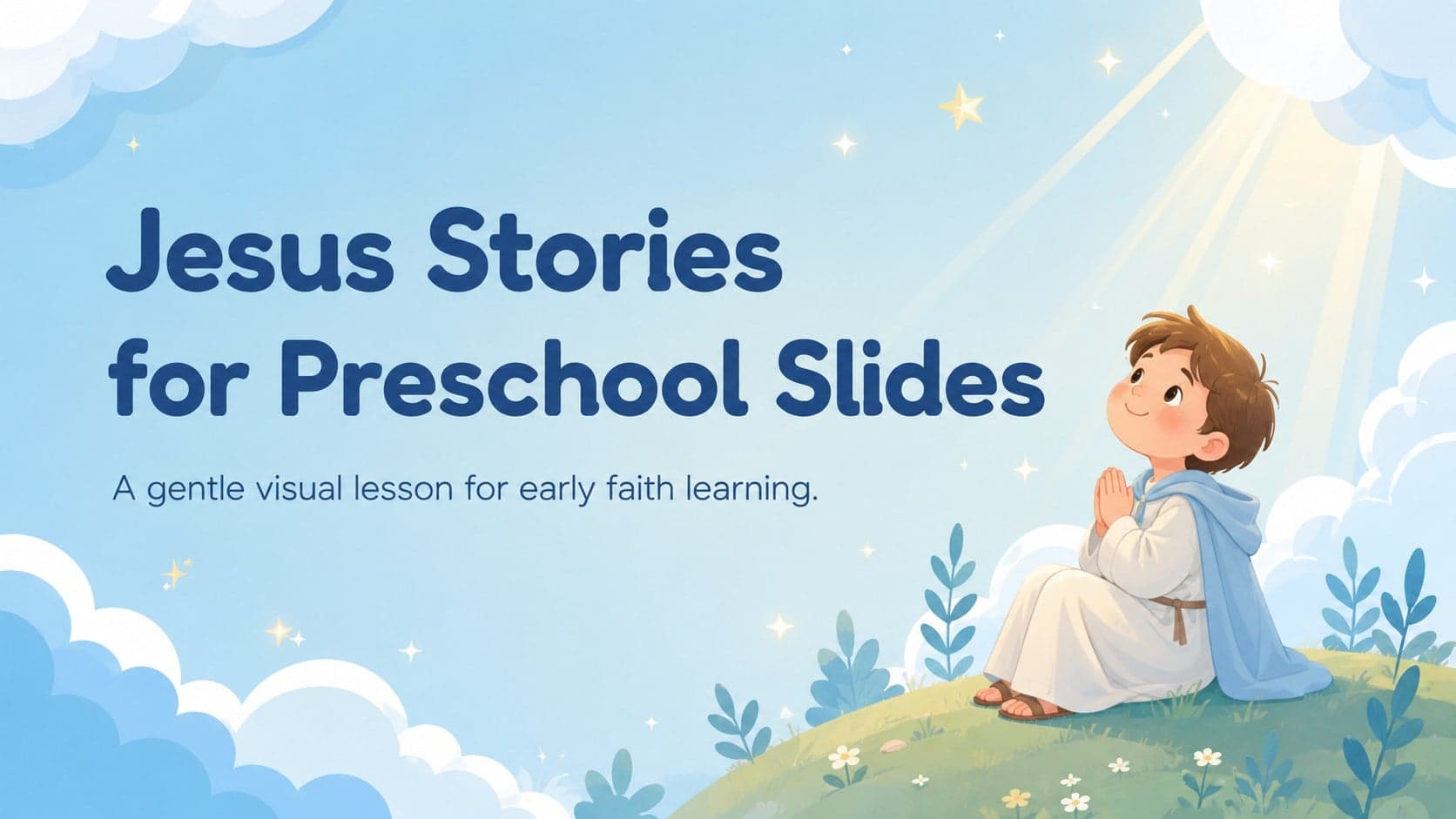 Cover for Jesus Stories for Preschool Slides with cheerful blue clouds and an original storybook Bible character.