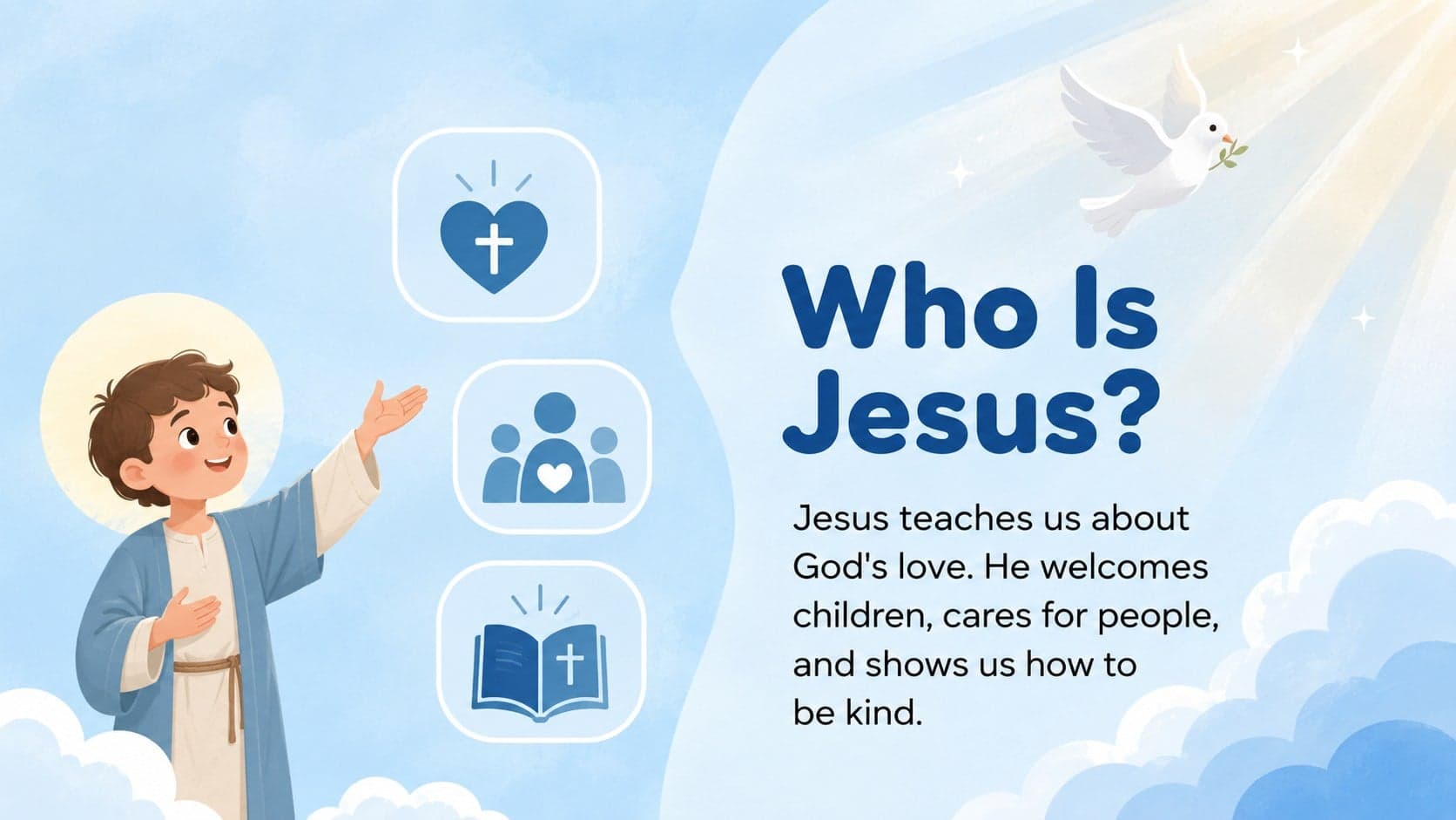 Blue illustrated preschool Bible lesson slide introducing Jesus with simple child-friendly facts.
