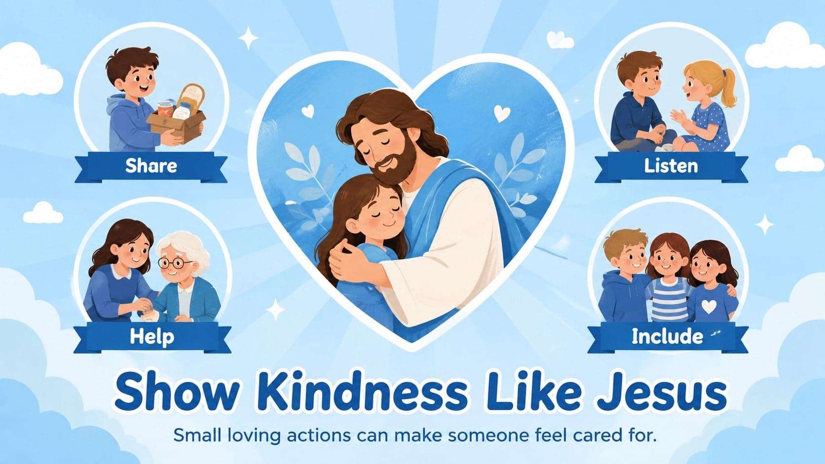 Early childhood Sunday school presentation slide about showing kindness through everyday actions.