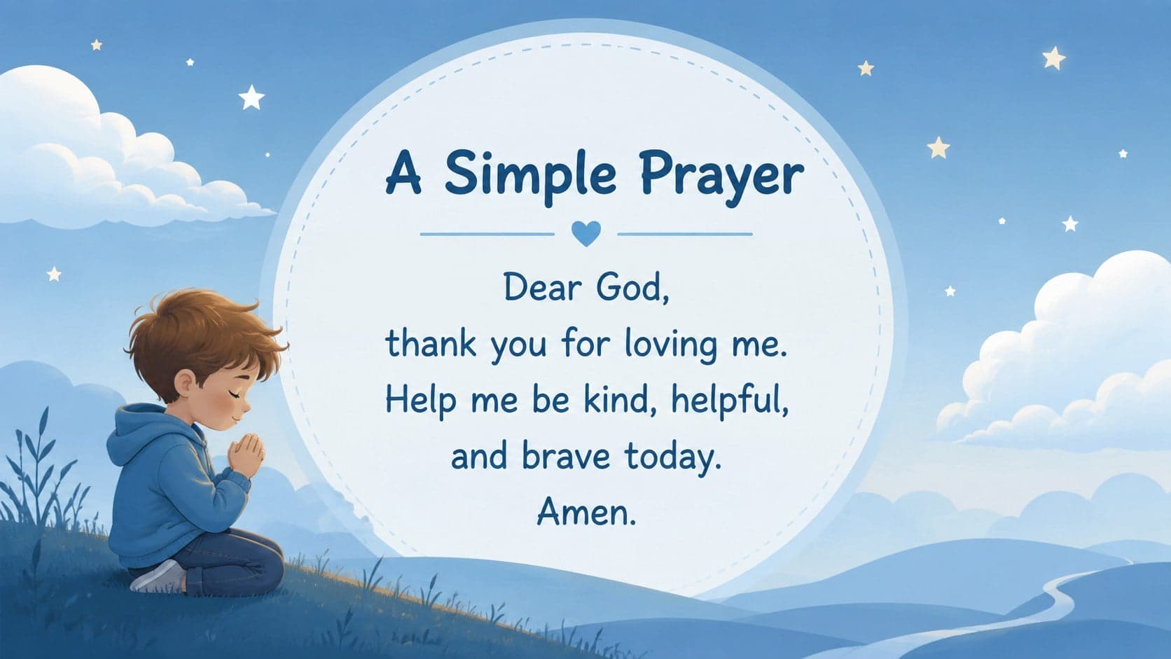 Blue Christian preschool classroom slide teaching children a short and simple prayer.