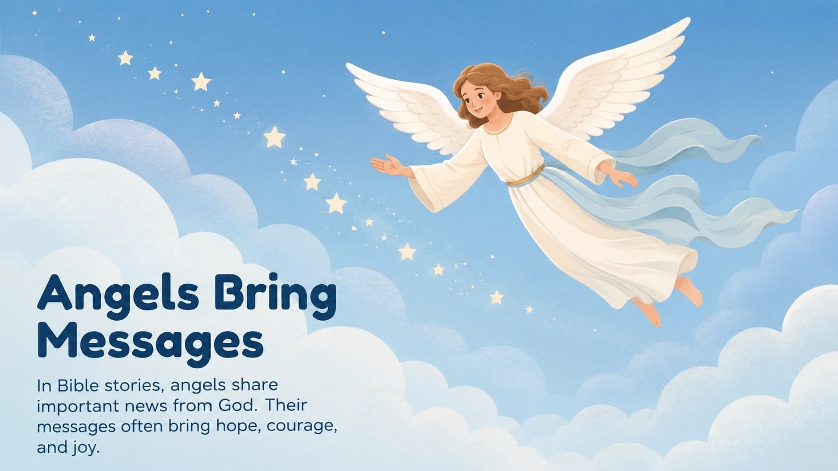 Kid-friendly Bible lesson slide about angels as God's messengers in a soft blue illustrated style.