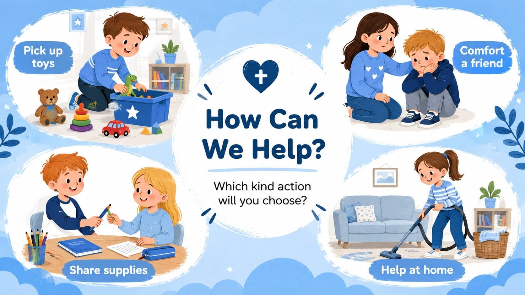 Interactive Jesus story lesson for preschool with four illustrated ways children can help others.