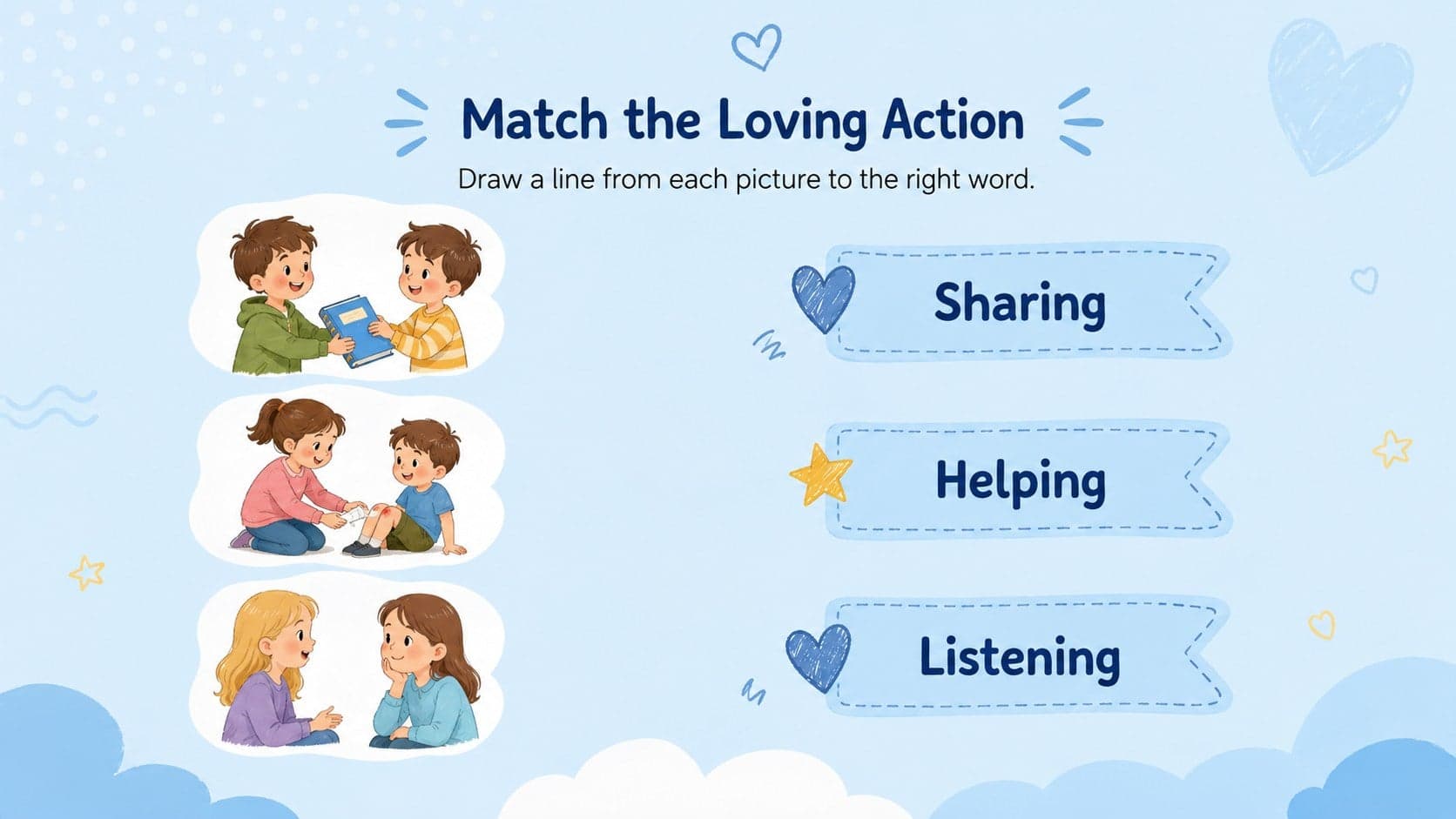 Preschool Bible matching activity slide pairing loving actions with cheerful original illustrations.
