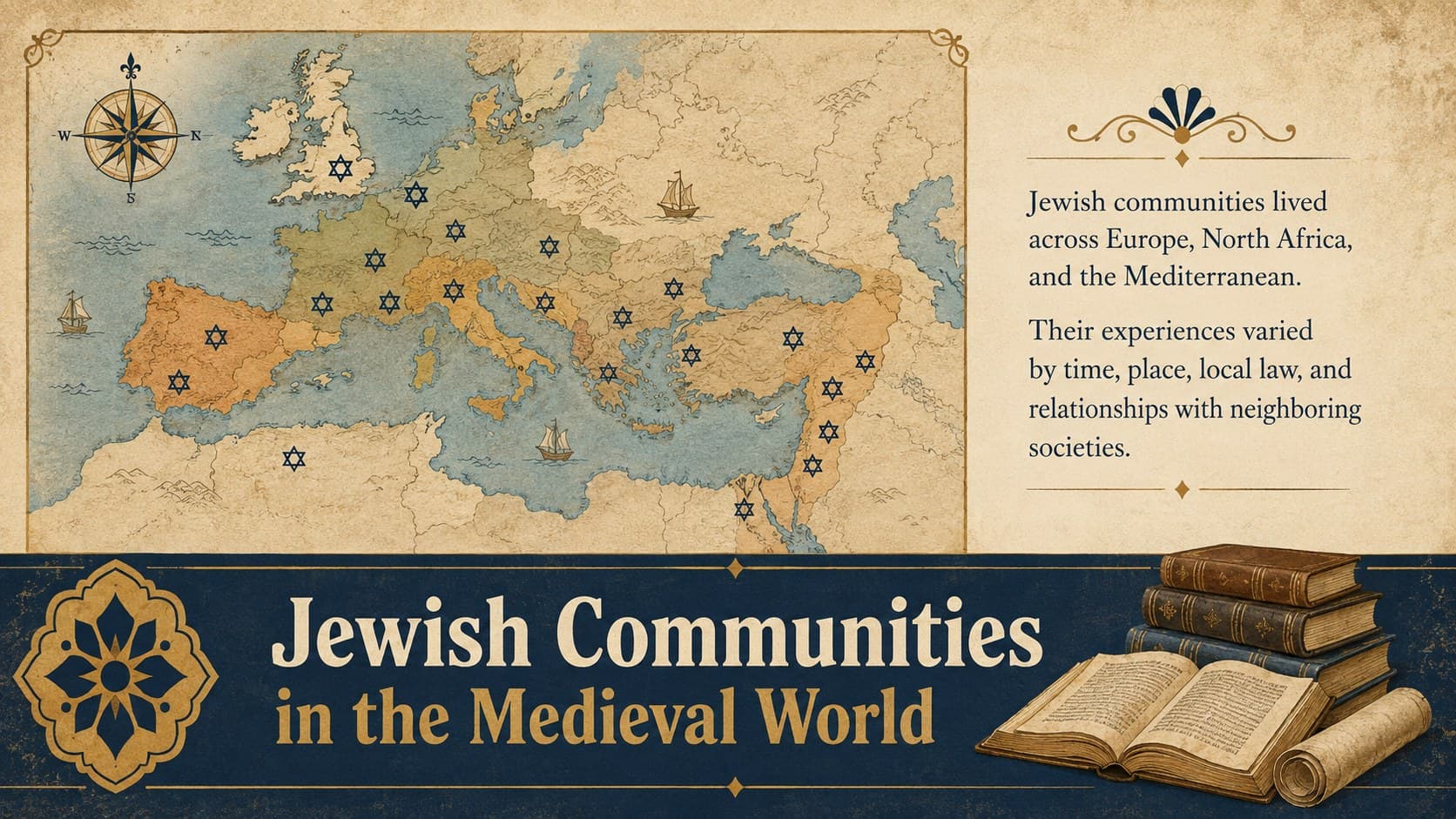 Historical context slide explaining Jewish communities across medieval Europe and the Mediterranean.