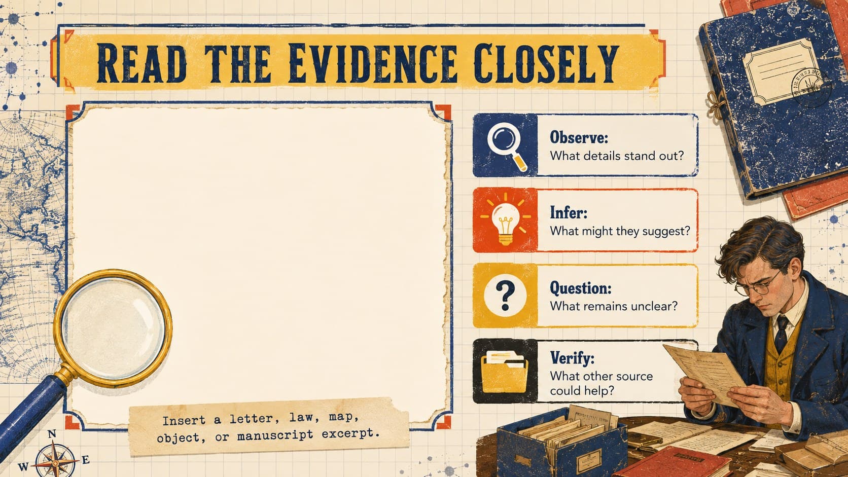 Primary-source analysis slide with observe, infer, question, and verify prompts for Jewish history.