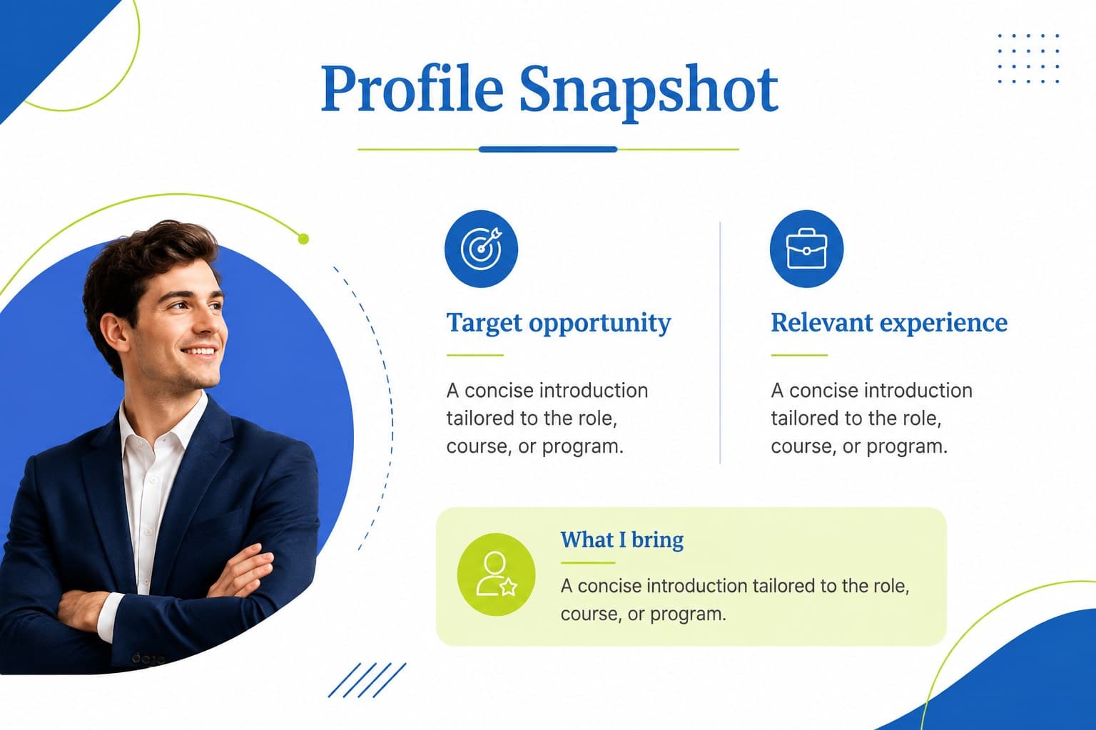 Profile introduction slide showing an applicant summary for a visual cover letter template.