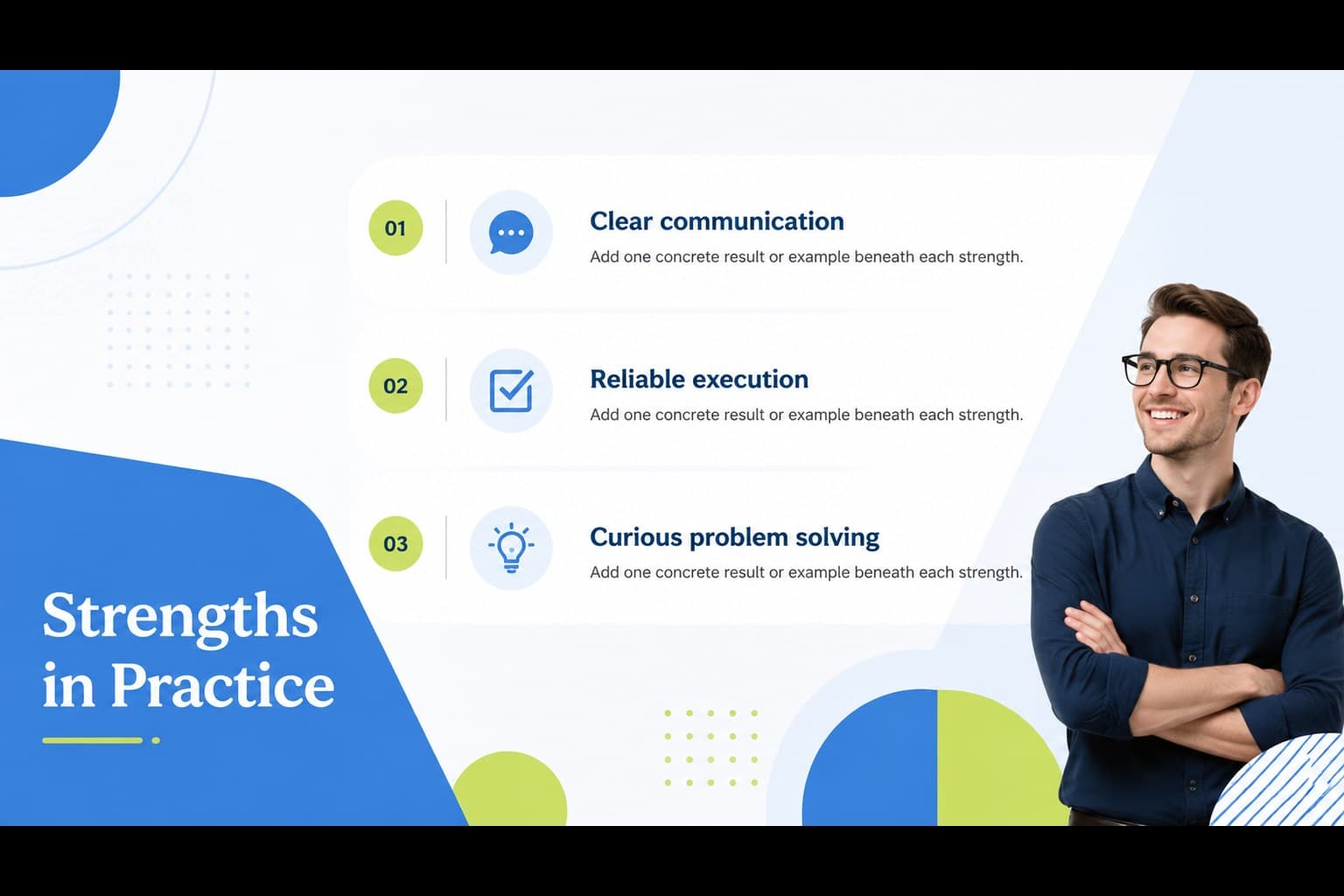 Strengths and achievements slide with editable evidence blocks for application presentation slides.