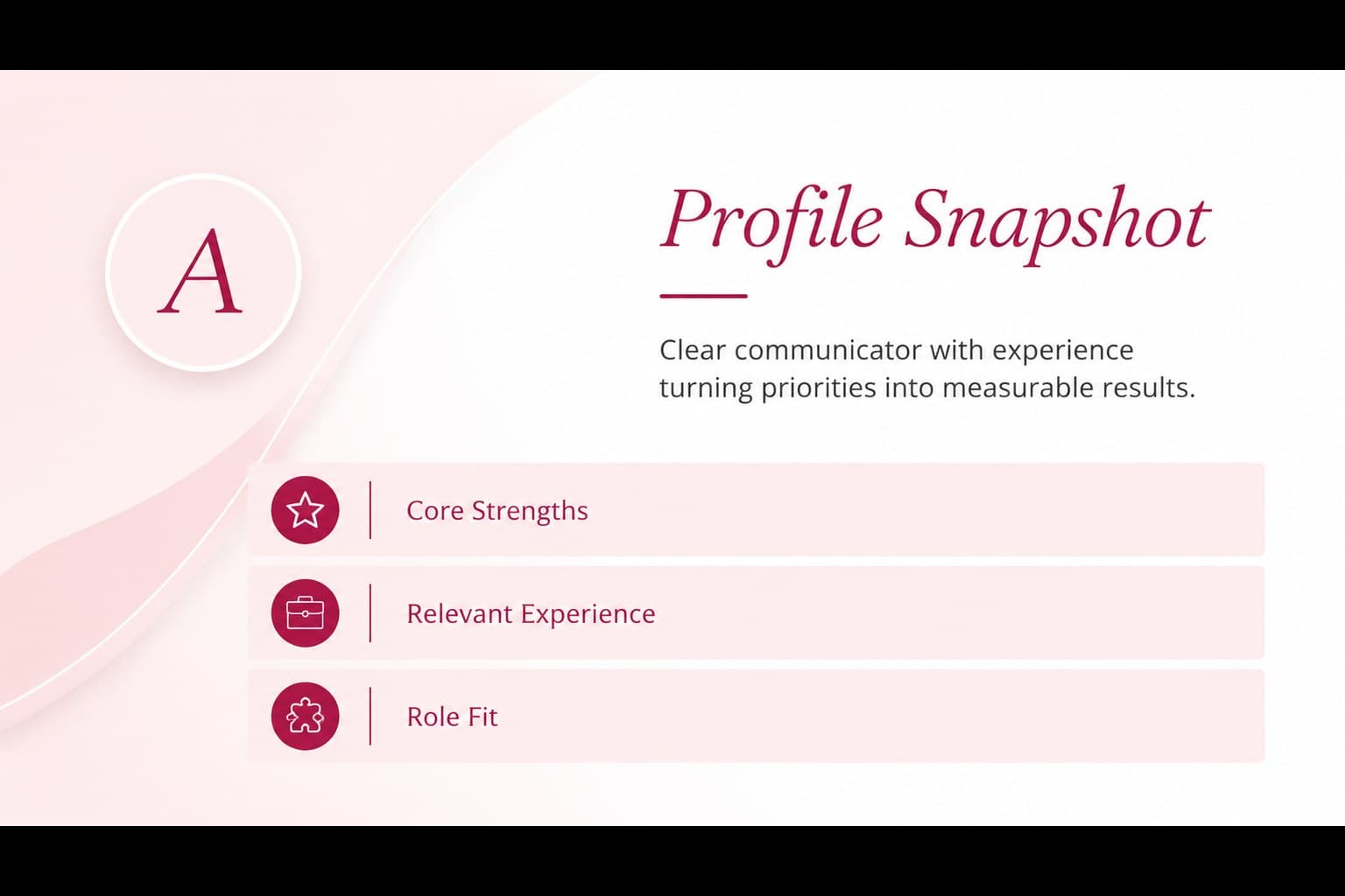 Professional profile summary slide showing candidate strengths in an editable cover letter presentation template.