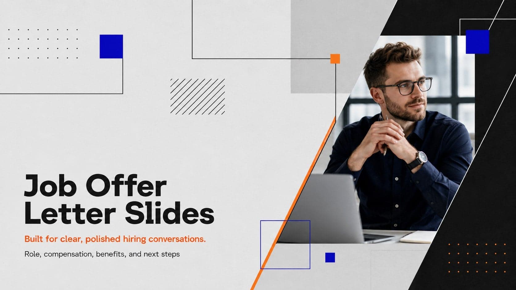 Cover for modern job offer letter slides featuring geometric orange, blue, black, and grey details.