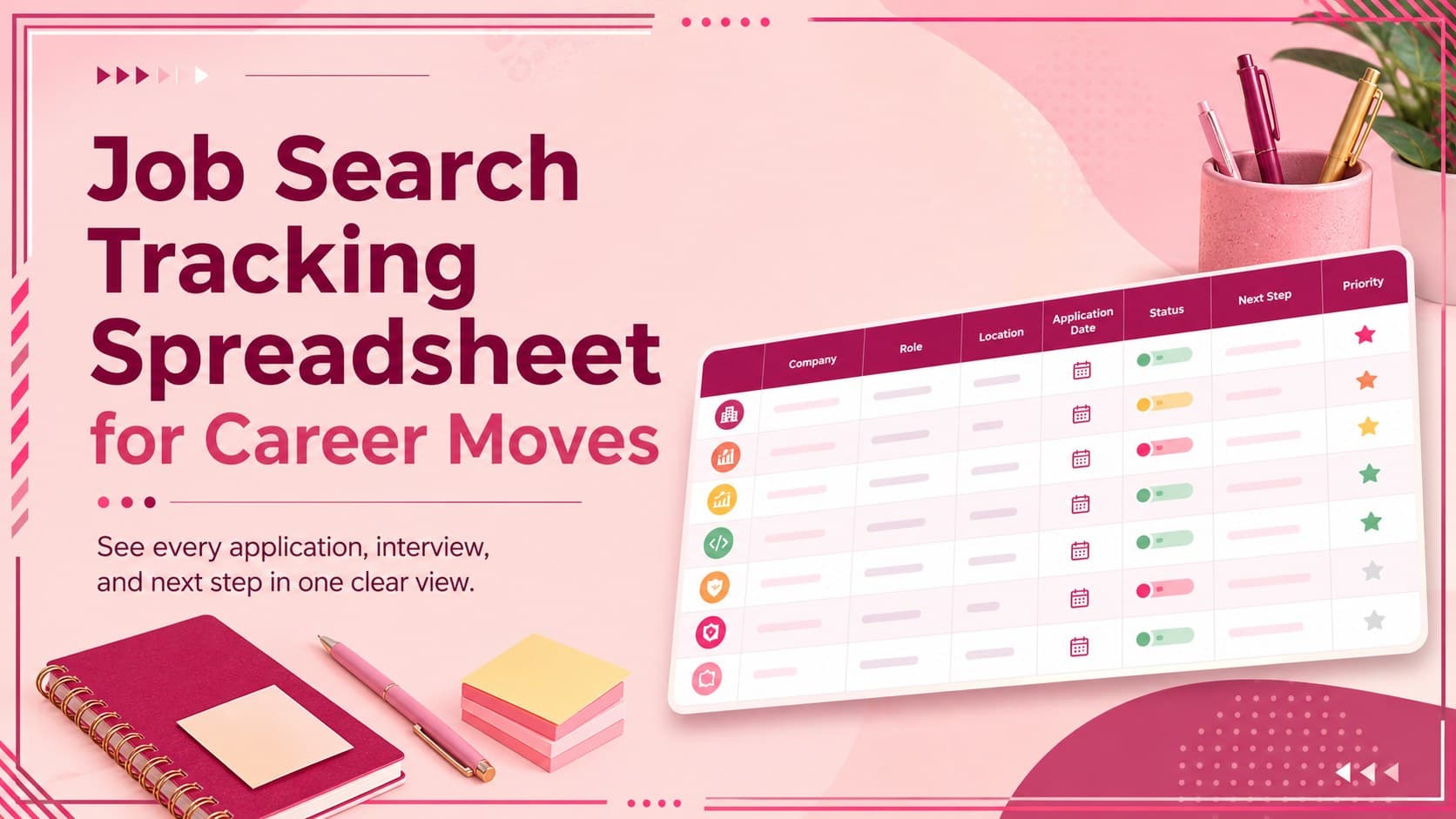 Pink cover slide introducing a job search tracking spreadsheet for organized career planning.