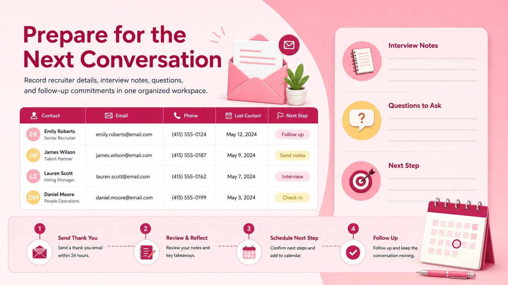 Career opportunity tracking template displaying recruiter contacts, interview preparation notes, and next steps.