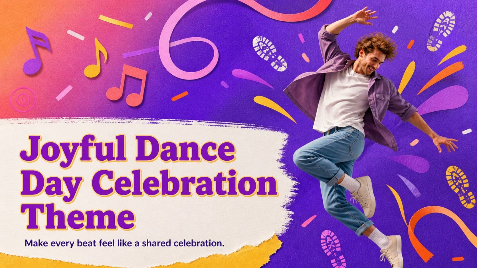 Cover of the Joyful Dance Day Celebration Theme with colorful mixed-media shapes and energetic dance-inspired doodles.