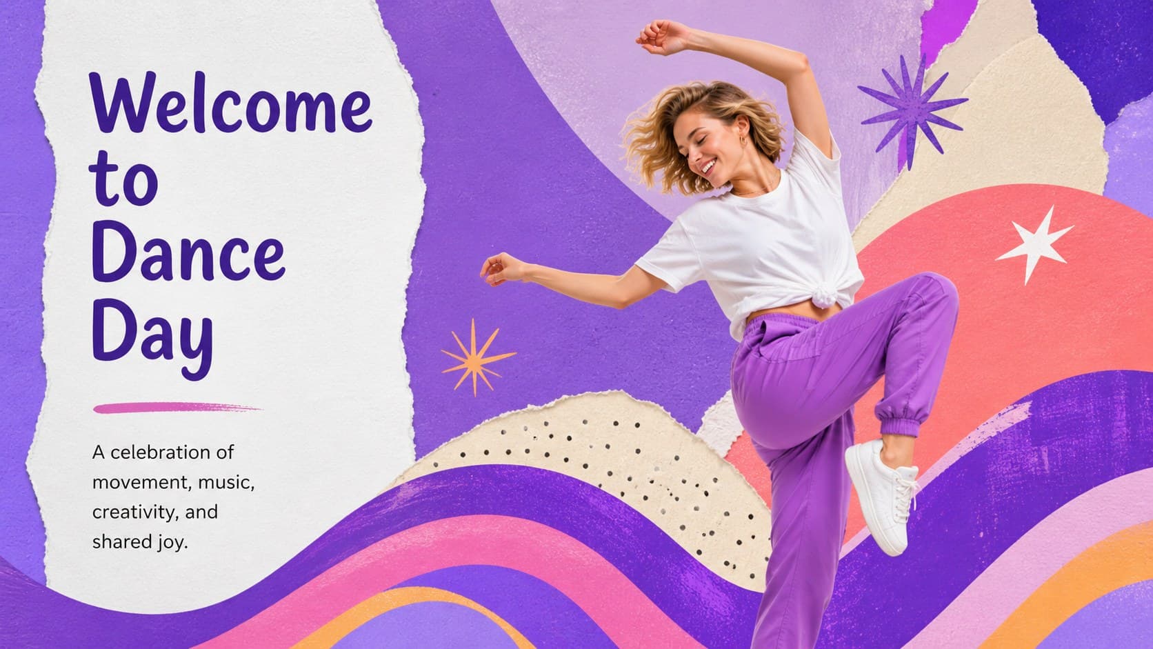 Dance Day welcome slide featuring a bright event introduction and playful movement graphics.