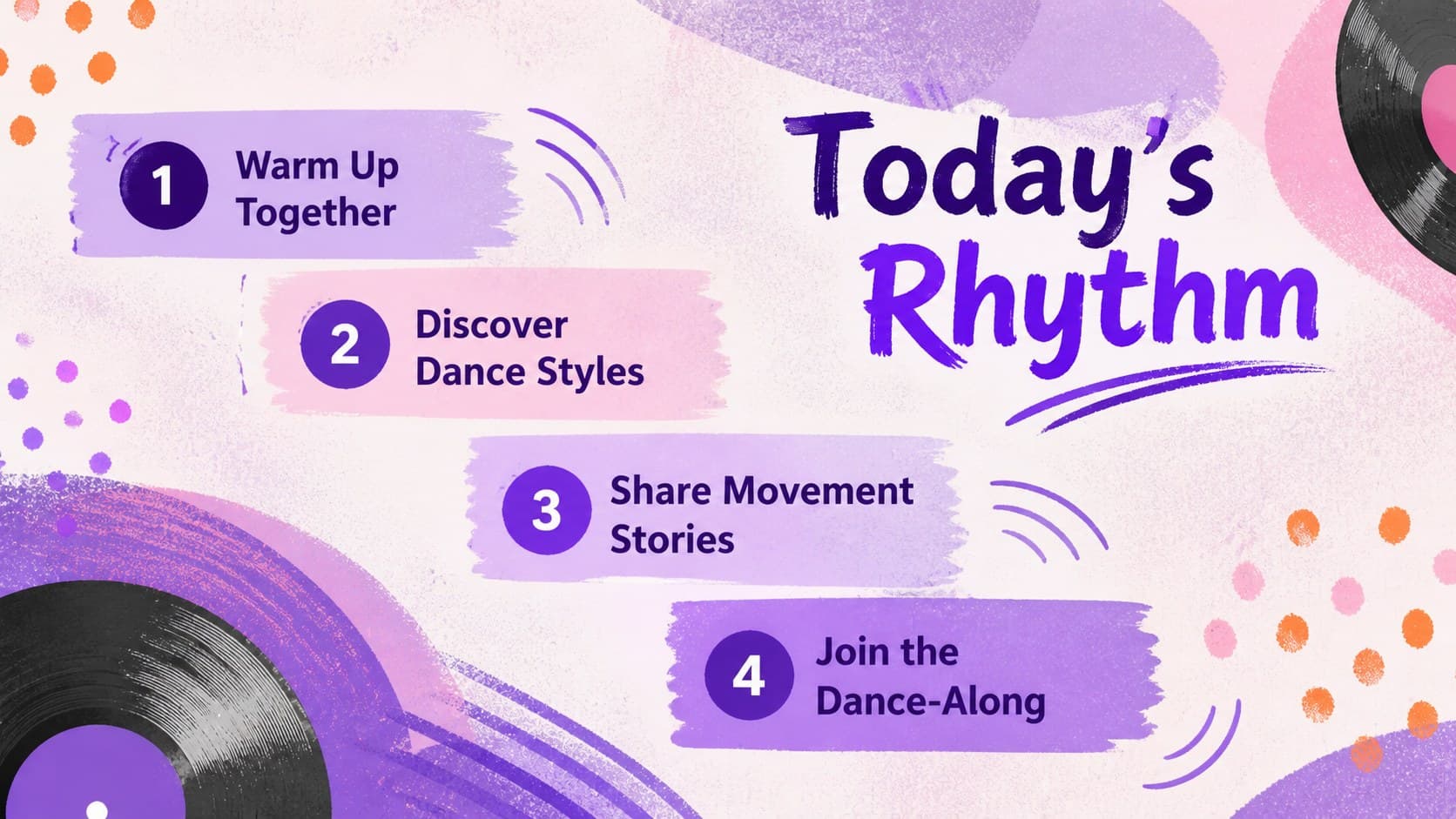 Colorful dance celebration agenda slide outlining activities, stories, and a group dance-along.