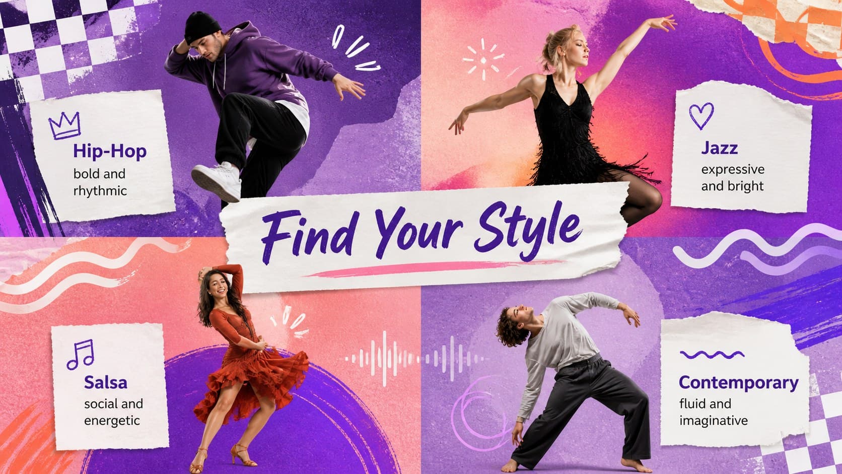 Dance styles spotlight slide presenting hip-hop, jazz, salsa, and contemporary movement.