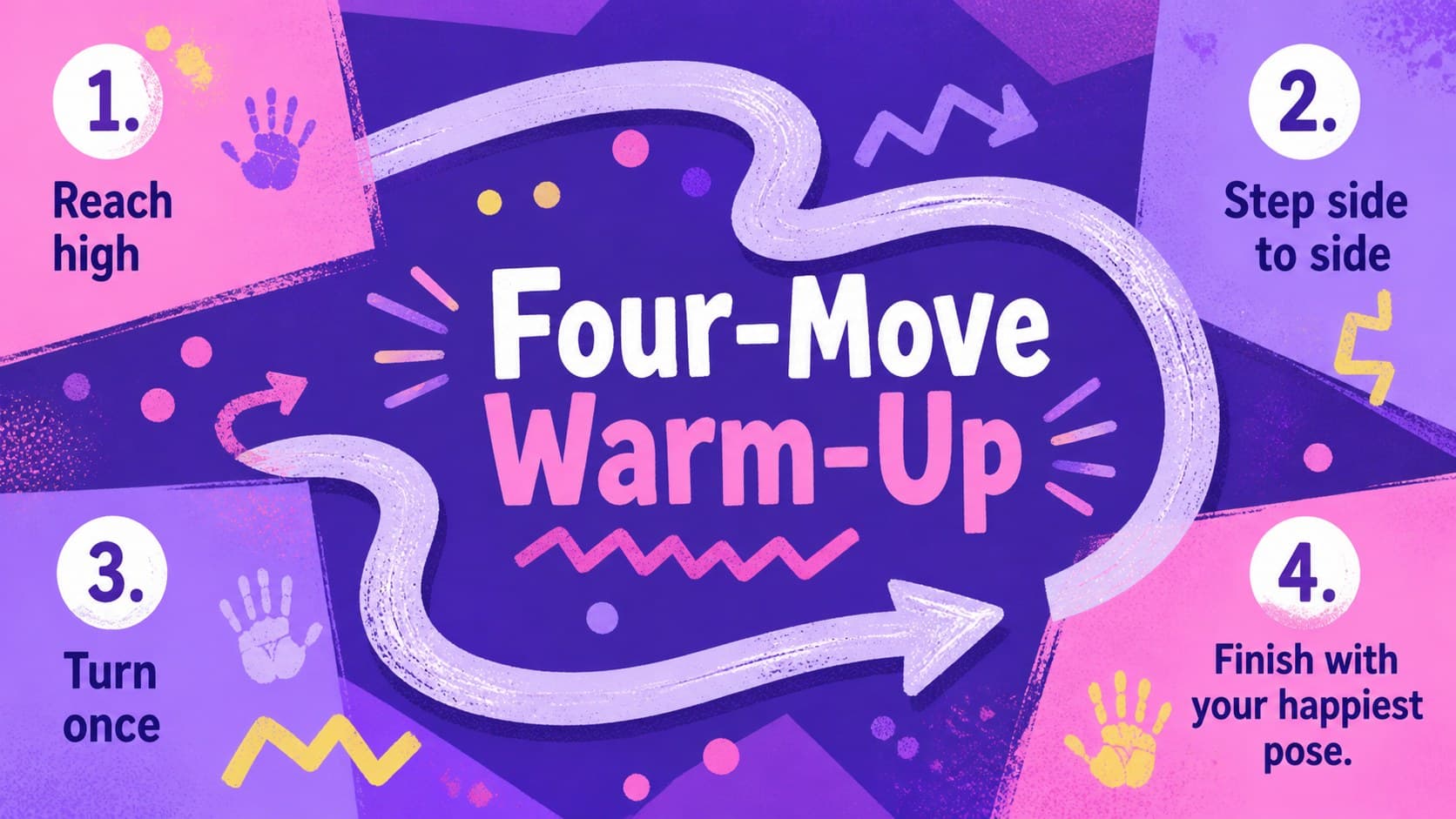Dance Day warm-up challenge slide with four simple movement prompts for group participation.
