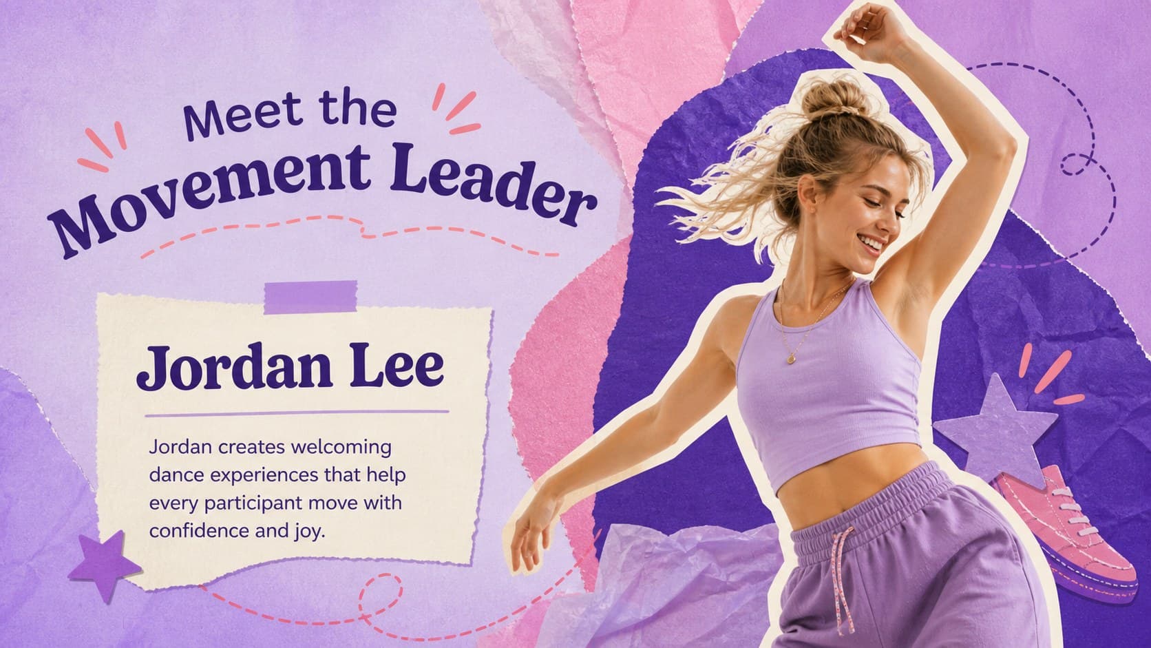 Dance instructor profile slide introducing a celebration leader beside an original dancer portrait.