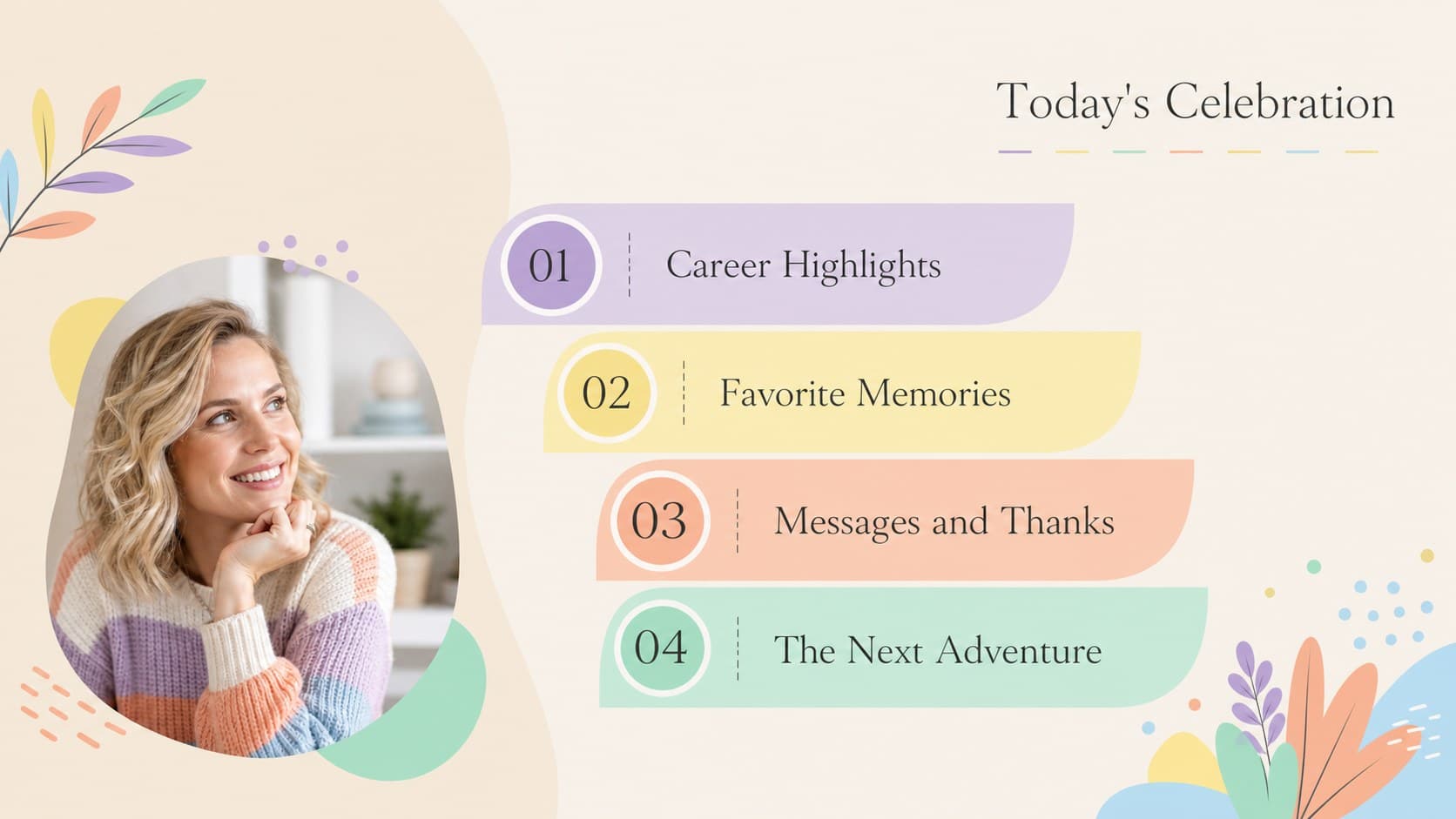 Retirement tribute presentation agenda with sections for milestones, memories, messages, and future plans.