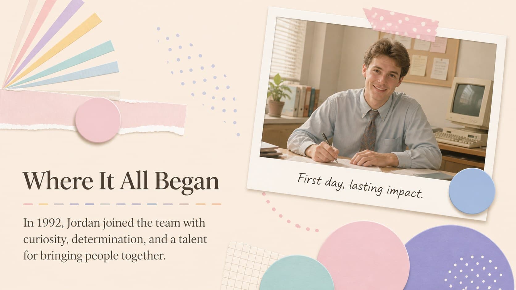 Career beginnings slide in a retirement farewell presentation with an early photo and short origin story.
