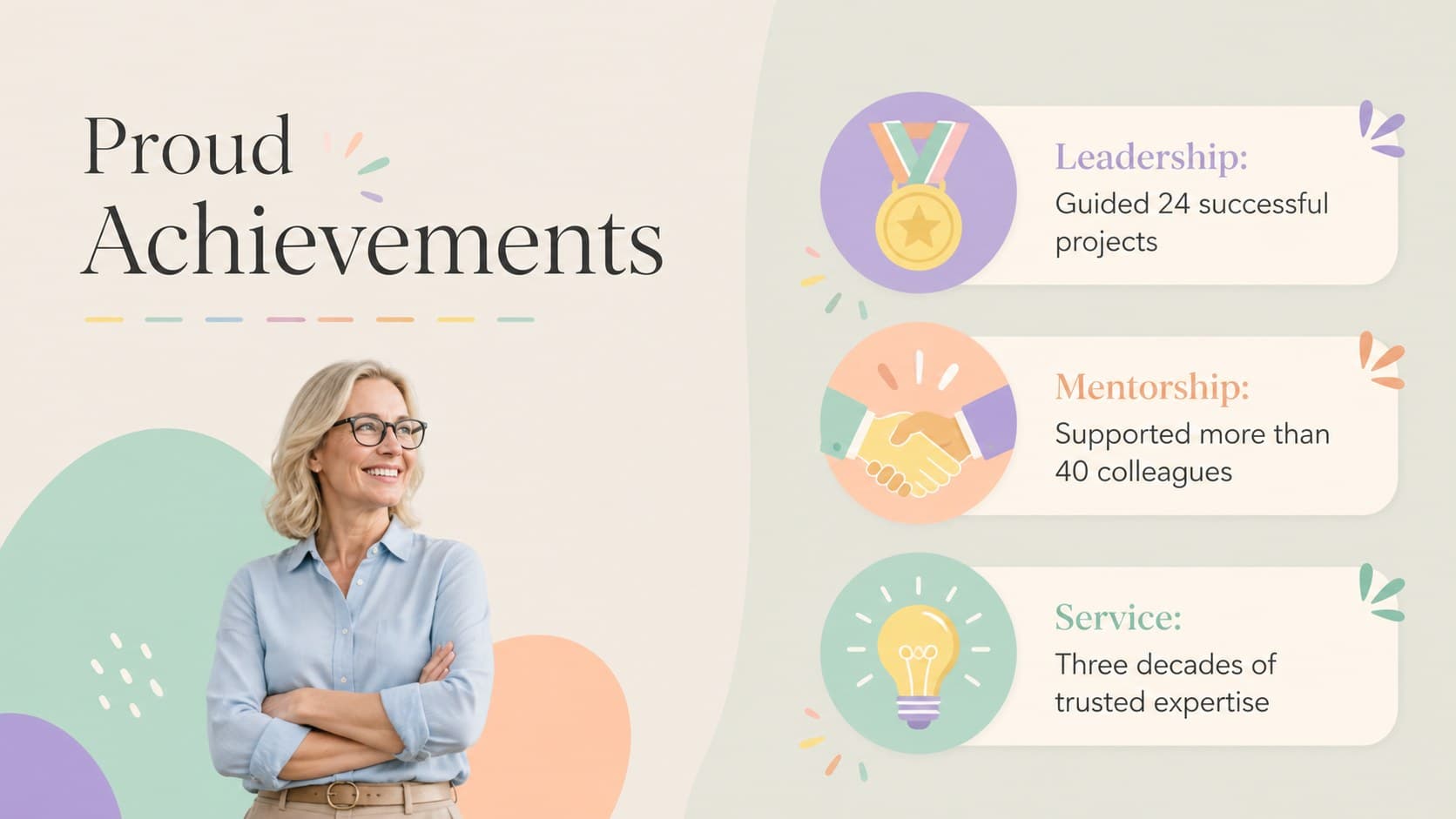Retirement tribute slides layout highlighting leadership, mentorship, and service achievements.