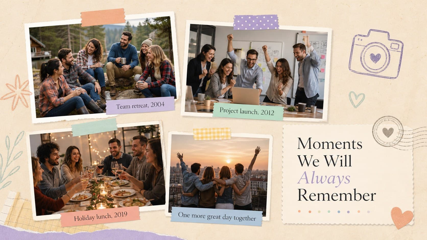 Retirement memories photo slideshow collage with candid workplace pictures and short captions.