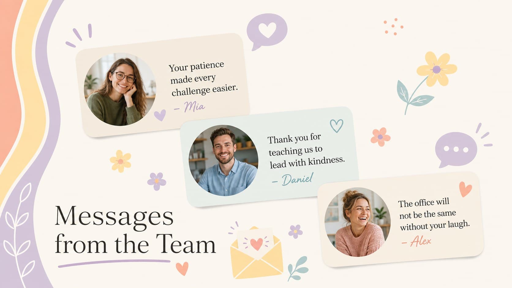 Coworker farewell message presentation featuring three heartfelt notes in a warm pastel layout.