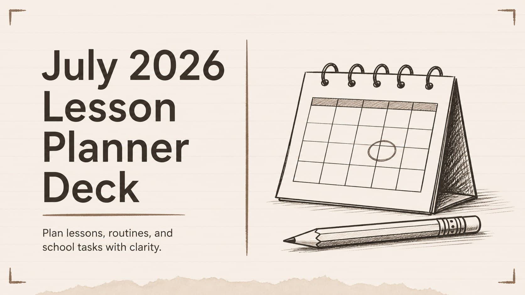 Cover slide for a July 2026 lesson planner deck with hand-drawn classroom details in a warm brown-and-white palette.